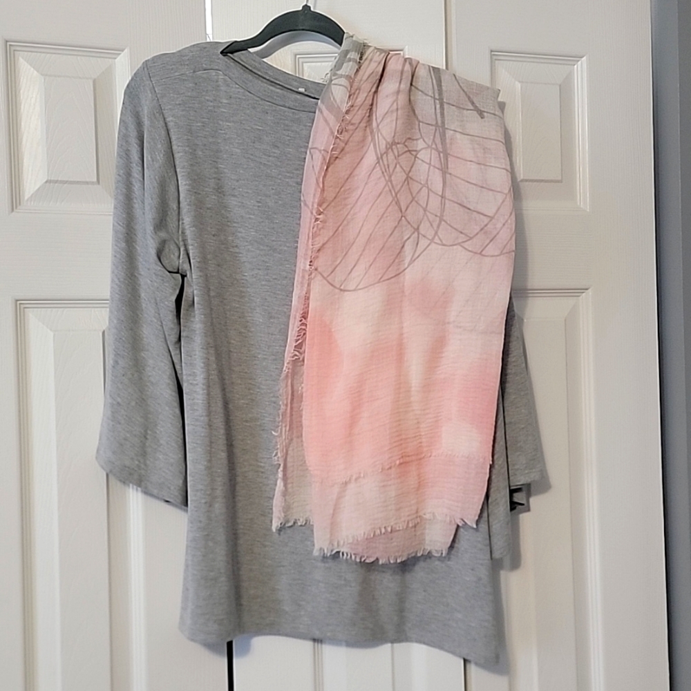 Gray top with charming scarf!